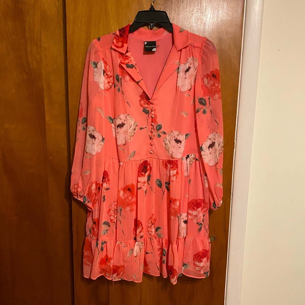 Maison Tara Women’s Babydoll Style, Cottagecore Coral Floral Mini Dress, Size 6